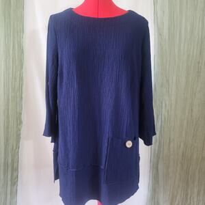 Nina Leonard  Blue Long Tunic Lightweight Blouse with Roll Tab Sleeves Size L